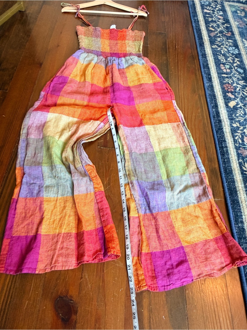 dRA 100% Linen Wide Leg Smocked Colorful Checkered Plaid Print Jumpsuit - MP - Picture 9 of 11